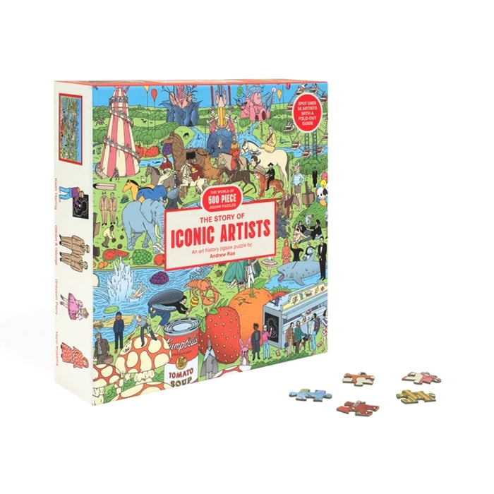 The Story of Iconic Artists 100-piece jigsaw puzzle box, shown with several loose puzzle pieces on a plain white background.