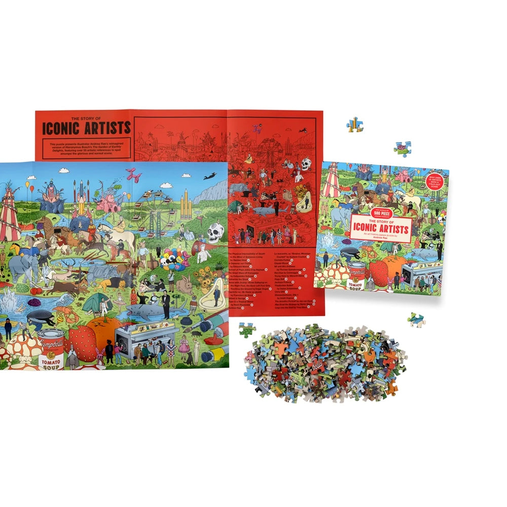 The Story of Iconic Artists 100-piece jigsaw puzzle box, shown with several loose puzzle pieces on a plain white background.
