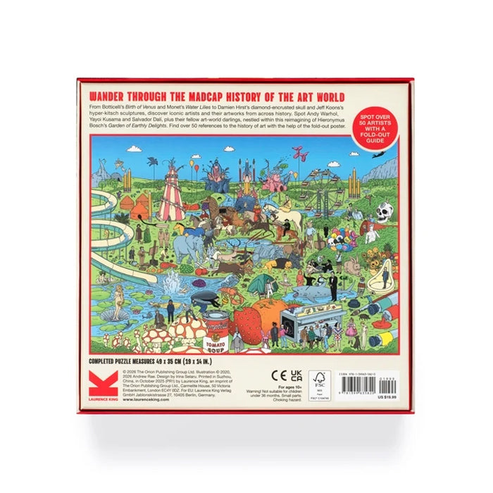The back of a jigsaw puzzle box featuring a colorful illustrated scene with many characters and objects, plus product text and a red circular badge, photographed on a white background.