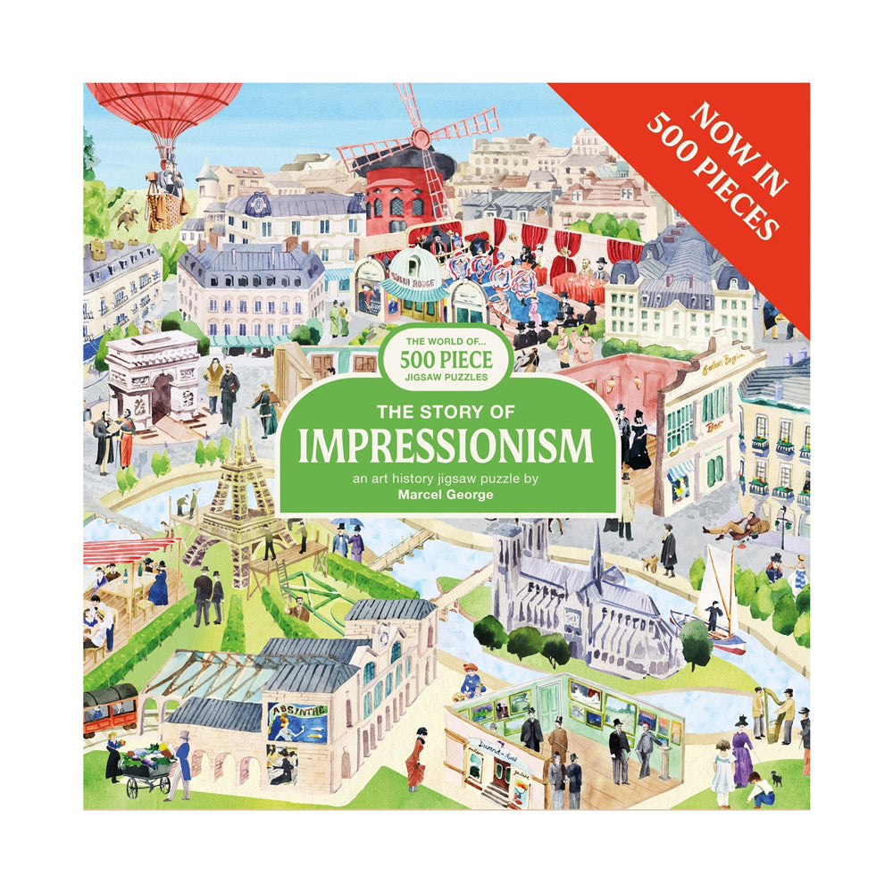 Jigsaw puzzle box featuring a colorful illustration of a city scene with people and buildings, labeled 'The Story of Impressionism'.