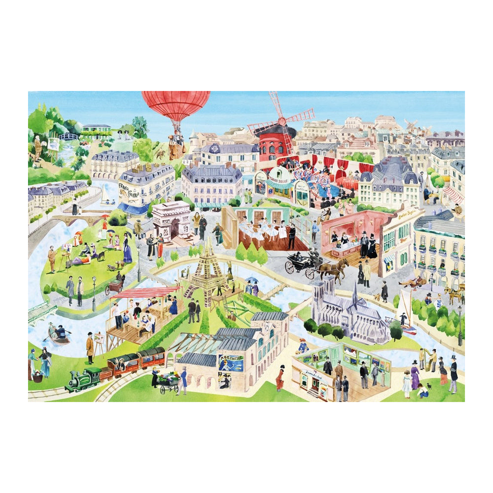 Illustration of a Parisian scene with landmarks and people
