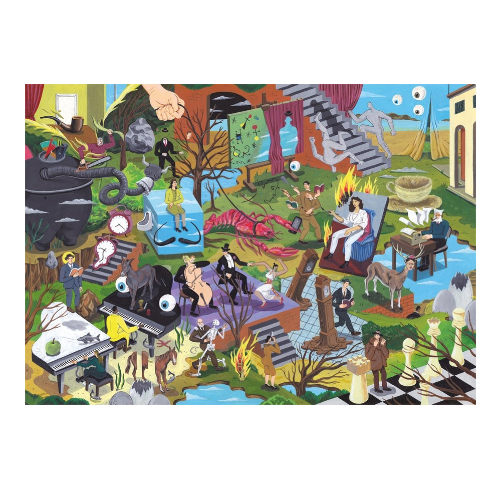 Surrealistic puzzle packaging with colorful illustrations and text.