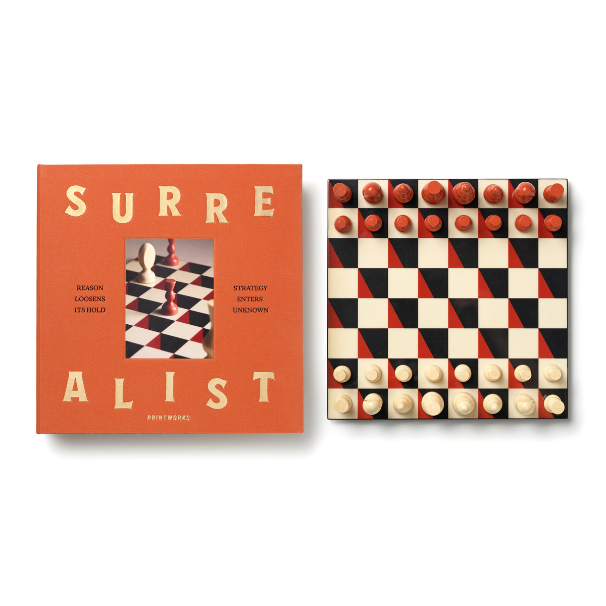 Surrealist chess set by Printworks, featuring a terracotta orange box with cream lettering and a checkered board with black, cream, and red squares and red-and-cream pawns, shown on a white background.