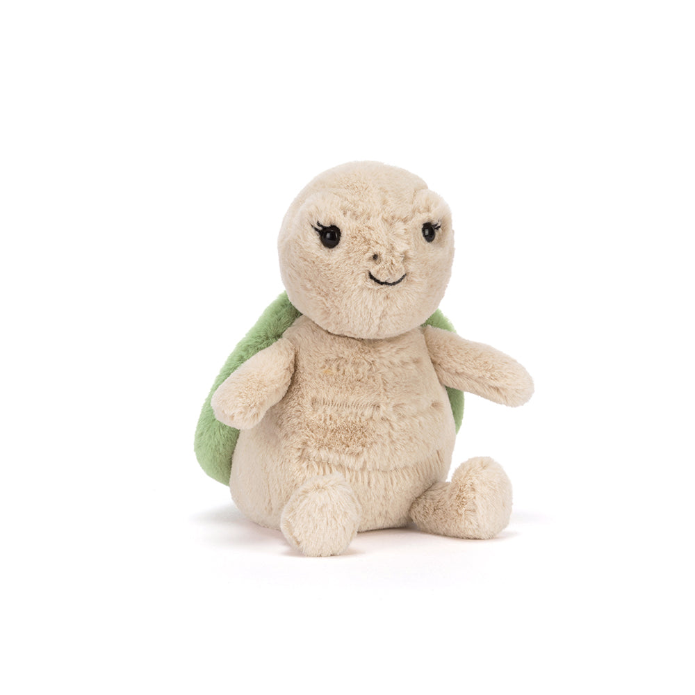 Plush turtle toy with a green shell on a white background