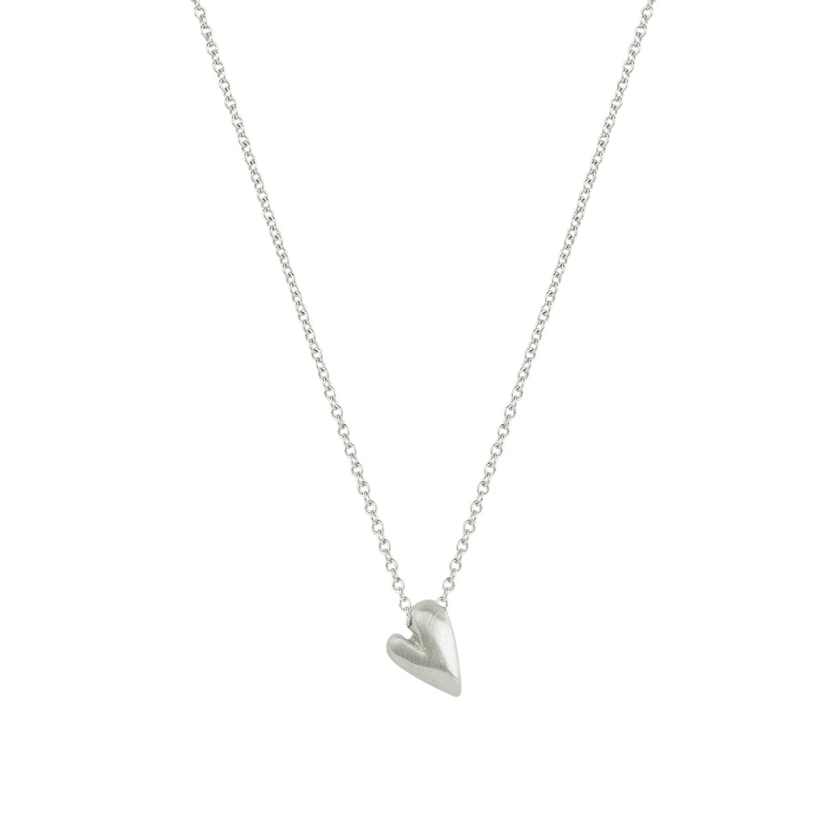 A silver heart pendant necklace on a delicate silver chain, shown against a plain white background.