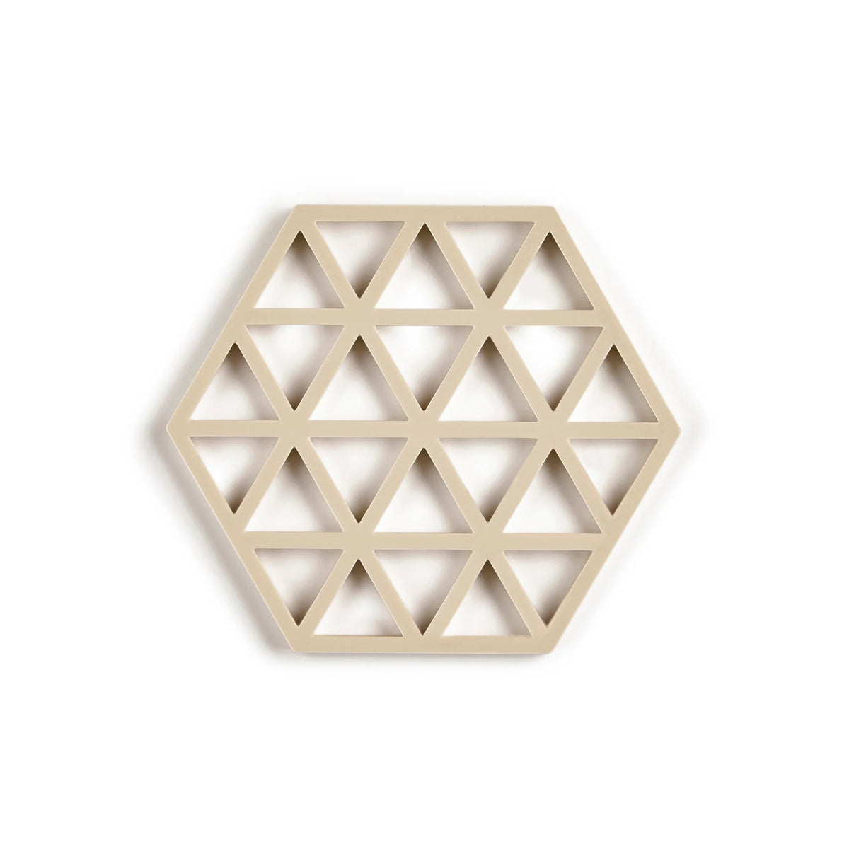 A hexagonal trivet with a geometric triangular lattice pattern, shown on a clean white background.