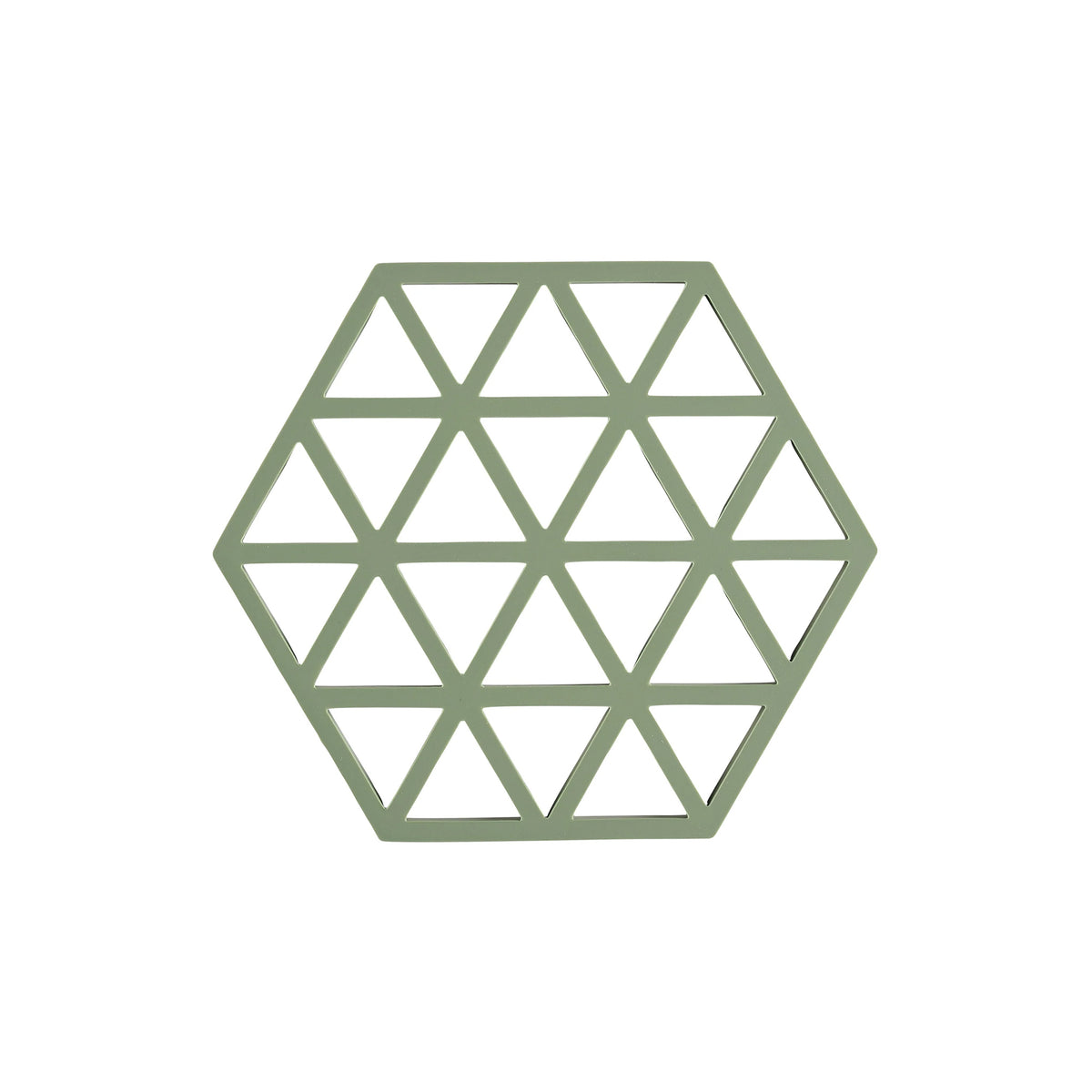A light sage green geometric hexagonal frame made of interlocking triangles, shown on a solid white background.