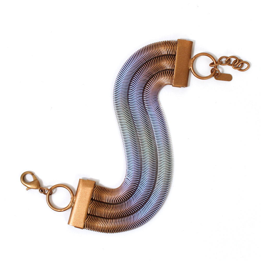 Triple Snake Chain Bracelet: Green + Blue Pearl top view flat s-shape