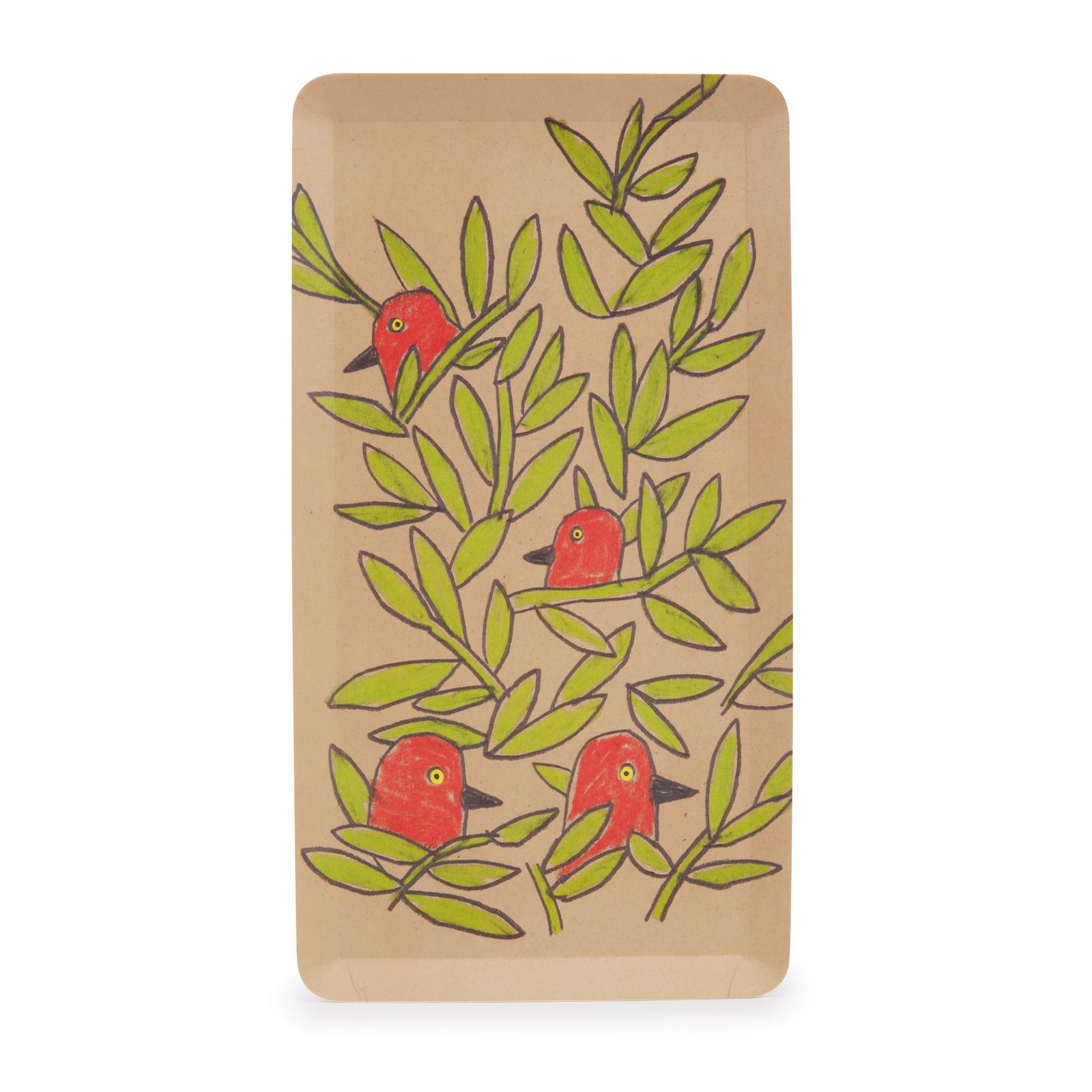 A rectangular tray with rounded corners, featuring a hand-painted style illustration of four red birds perched on green branches over a light brown background.