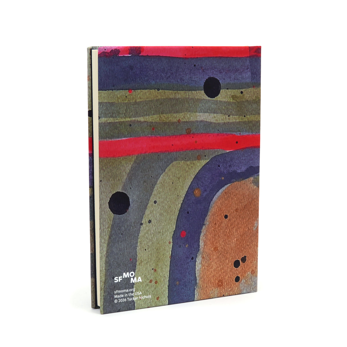 Notebook cover featuring abstract art,  horizontal and vertical brushstrokes in earthy brown, olive green, purple, and gray, accented with bold red and black shapes, shown on a plain white background.
