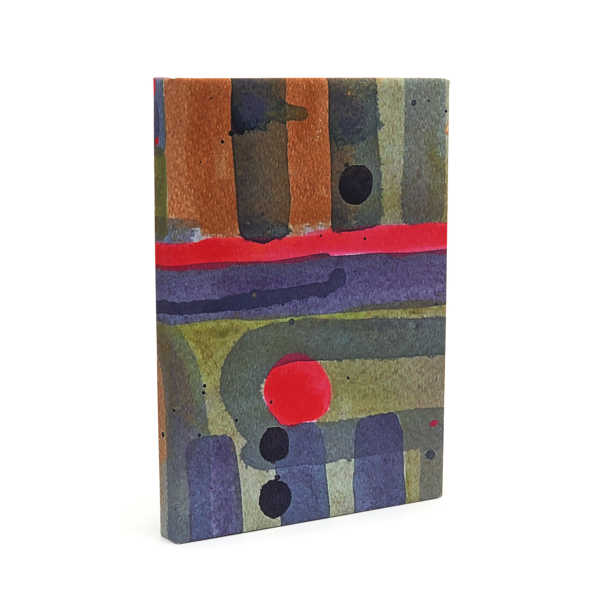 Notebook cover featuring abstract art,  horizontal and vertical brushstrokes in earthy brown, olive green, purple, and gray, accented with bold red and black shapes, shown on a plain white background.