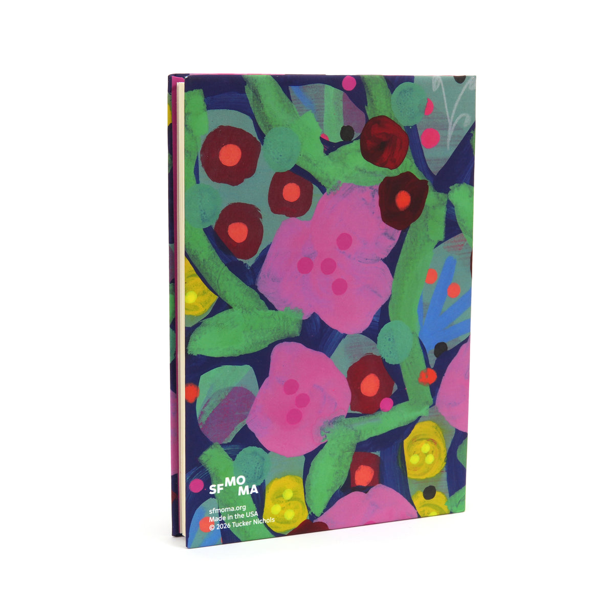 A vertical canvas art print featuring a colorful, textured abstract floral pattern with pink flowers, green leaves, and red and yellow accents on a dark navy background, shown on a clean white studio background.