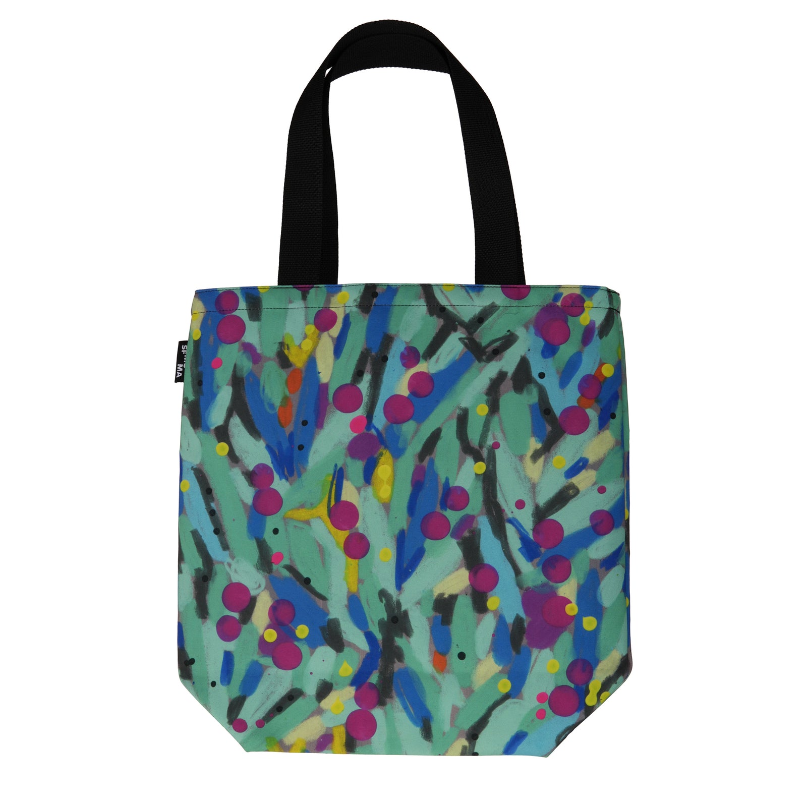 Tote bag with colorful abstract pattern on a white background
