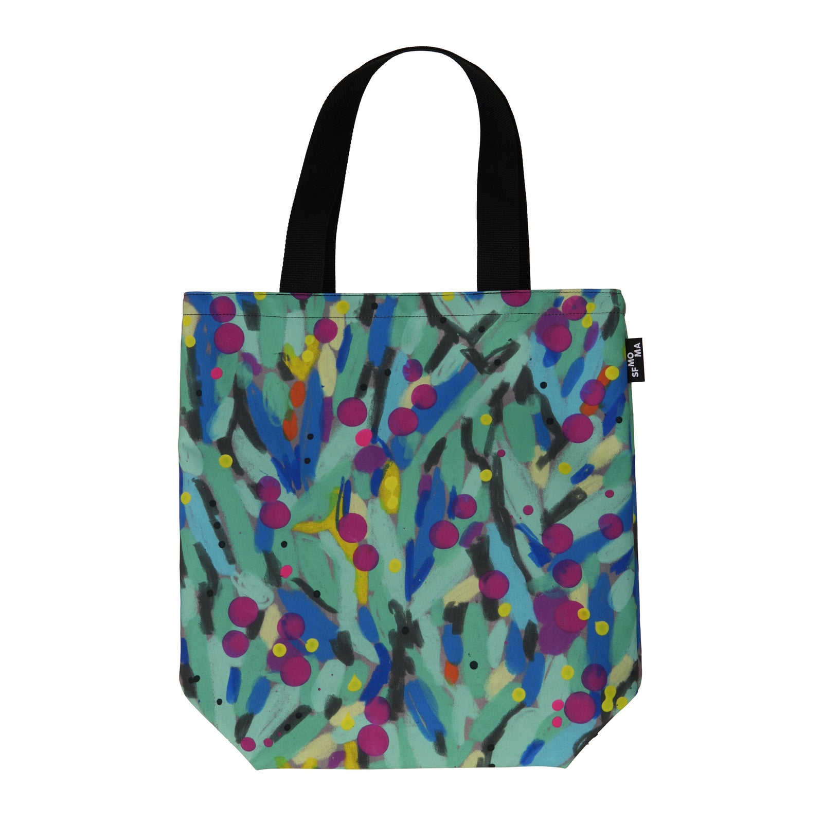 Tote bag with colorful abstract pattern on a white background