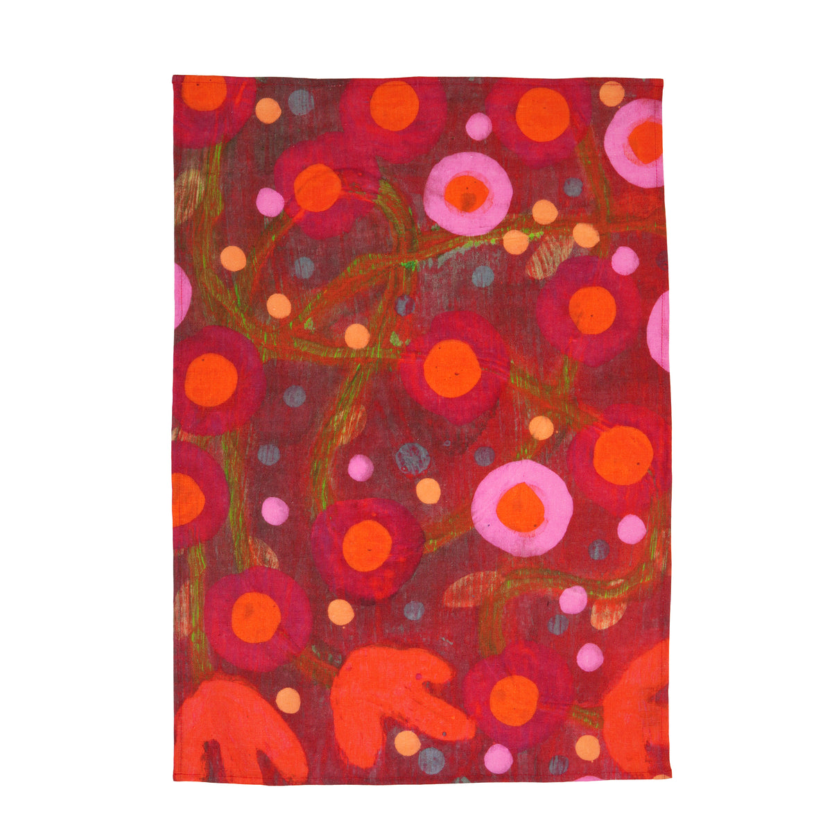 A rectangular textile or fabric panel featuring an abstract floral pattern with concentric circles and organic shapes in red, orange, pink, green, and small gray dots, shown flat against a plain white background.