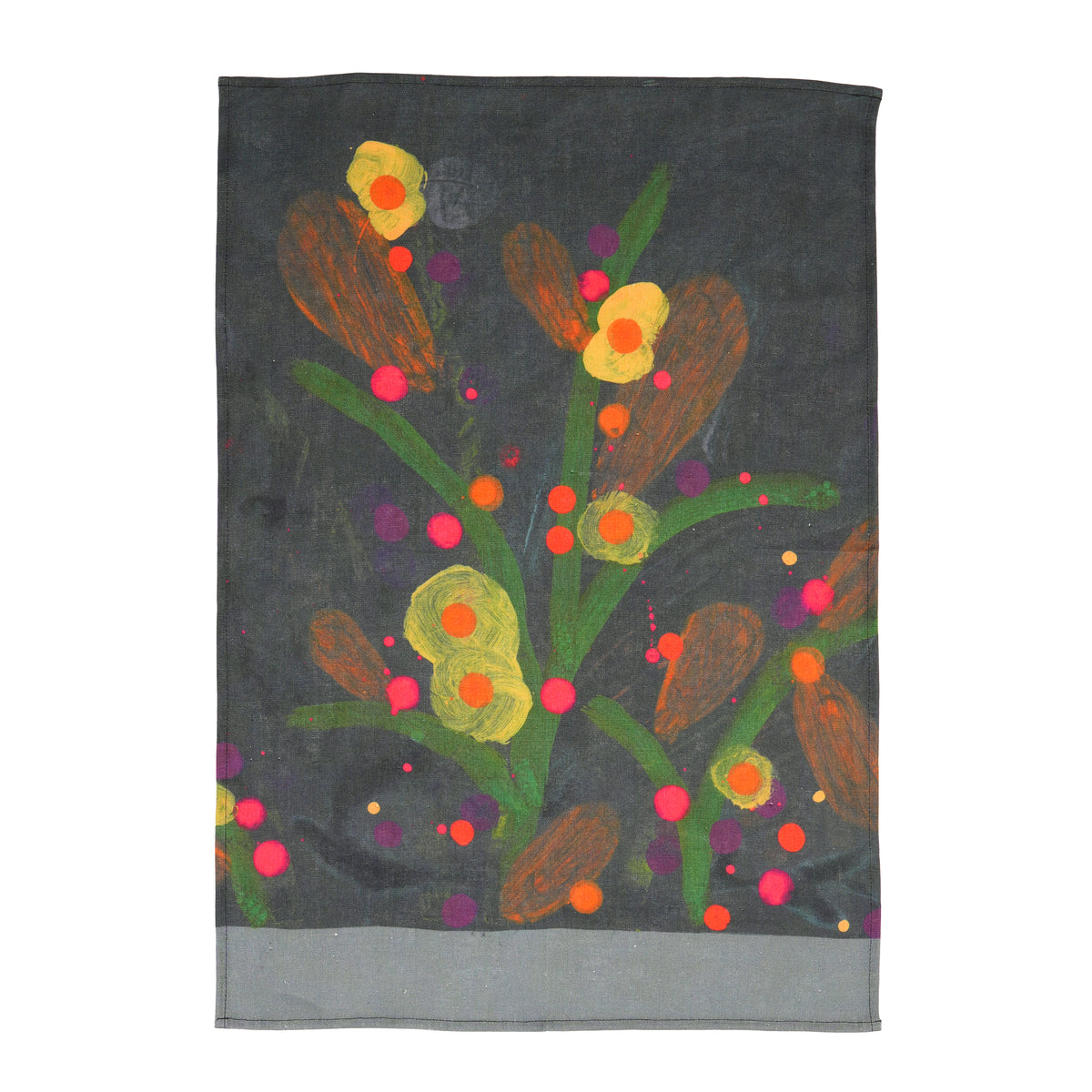 A dark charcoal gray rectangular tea towel featuring a colorful abstract floral pattern with green stems, yellow and orange flowers, brown leaf-like shapes, and pink, orange, and purple dots. A solid gray band runs along the bottom edge.