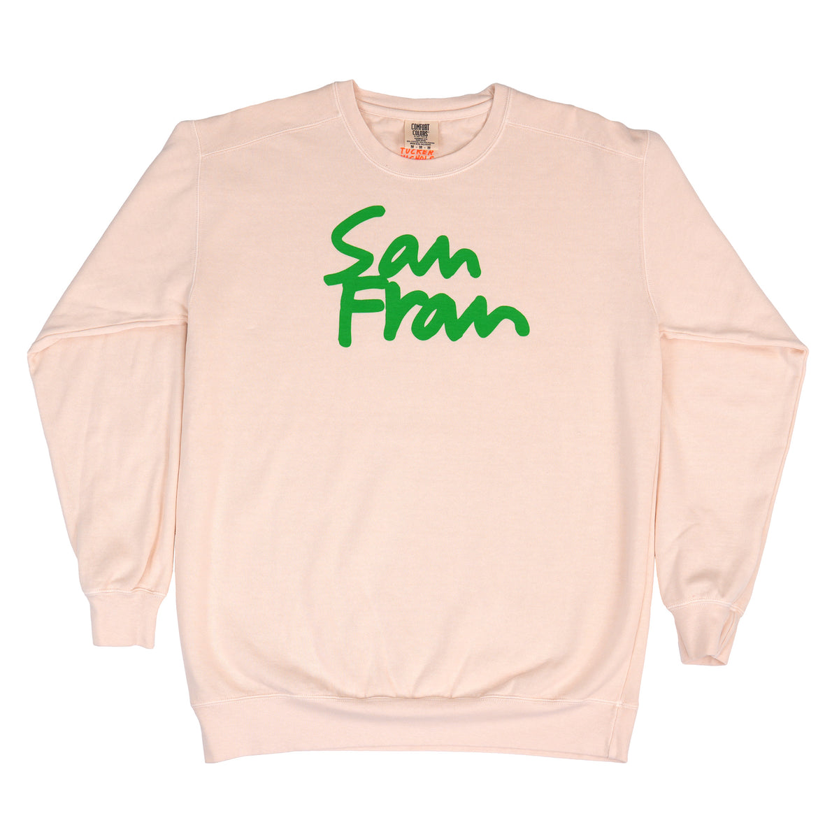 An ivory crewneck sweatshirt with 'San Fran' printed in green cursive across the chest, displayed flat against a white background.