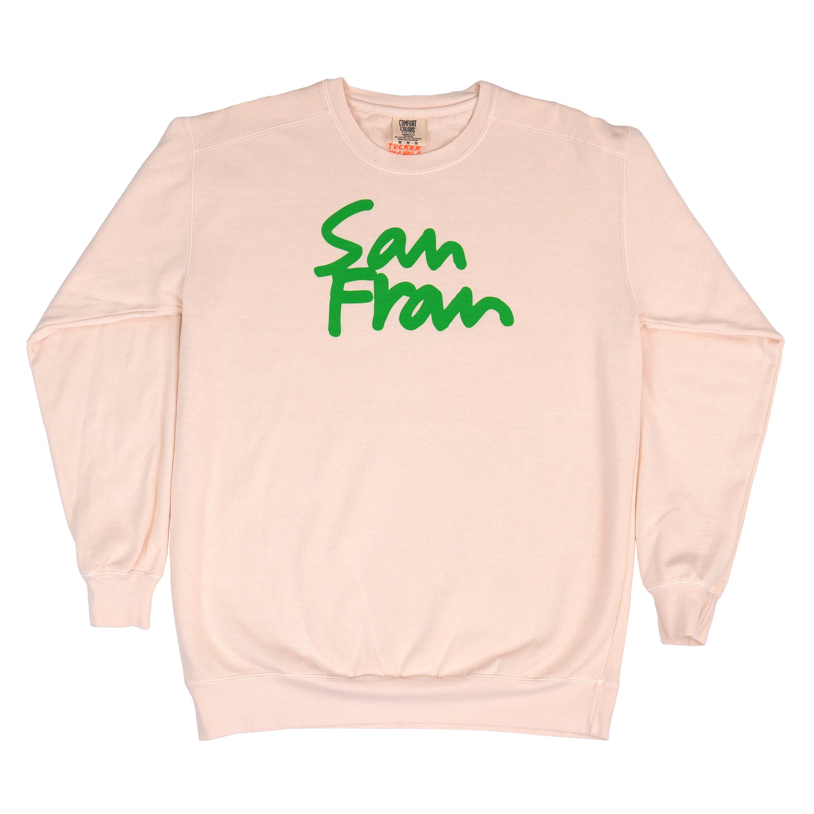 An ivory crewneck sweatshirt with 'San Fran' printed in green cursive across the chest, displayed flat against a white background.