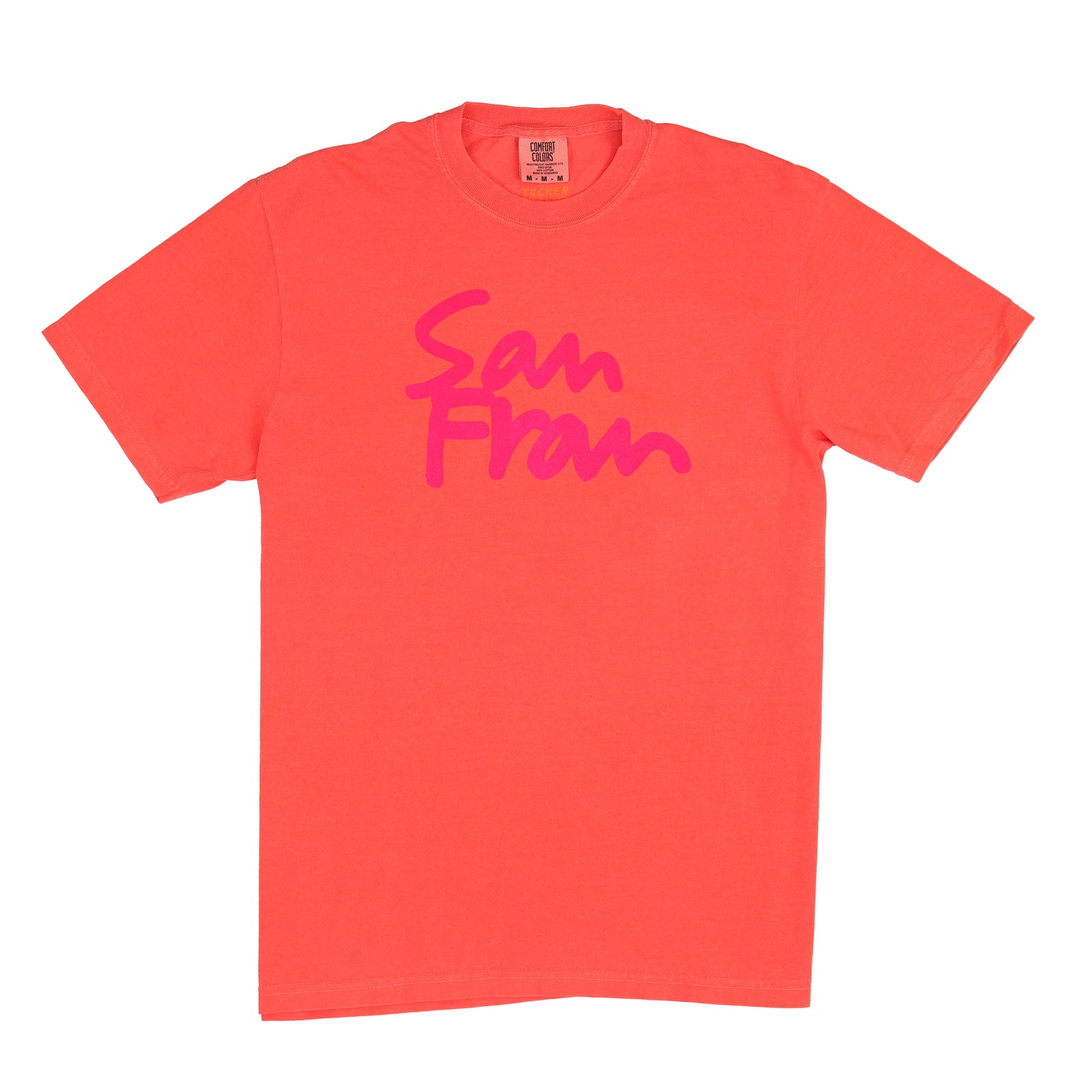 A bright coral orange crewneck t-shirt featuring the words 'San Fran' printed across the chest in a vibrant pink script font, displayed flat against a solid white background.