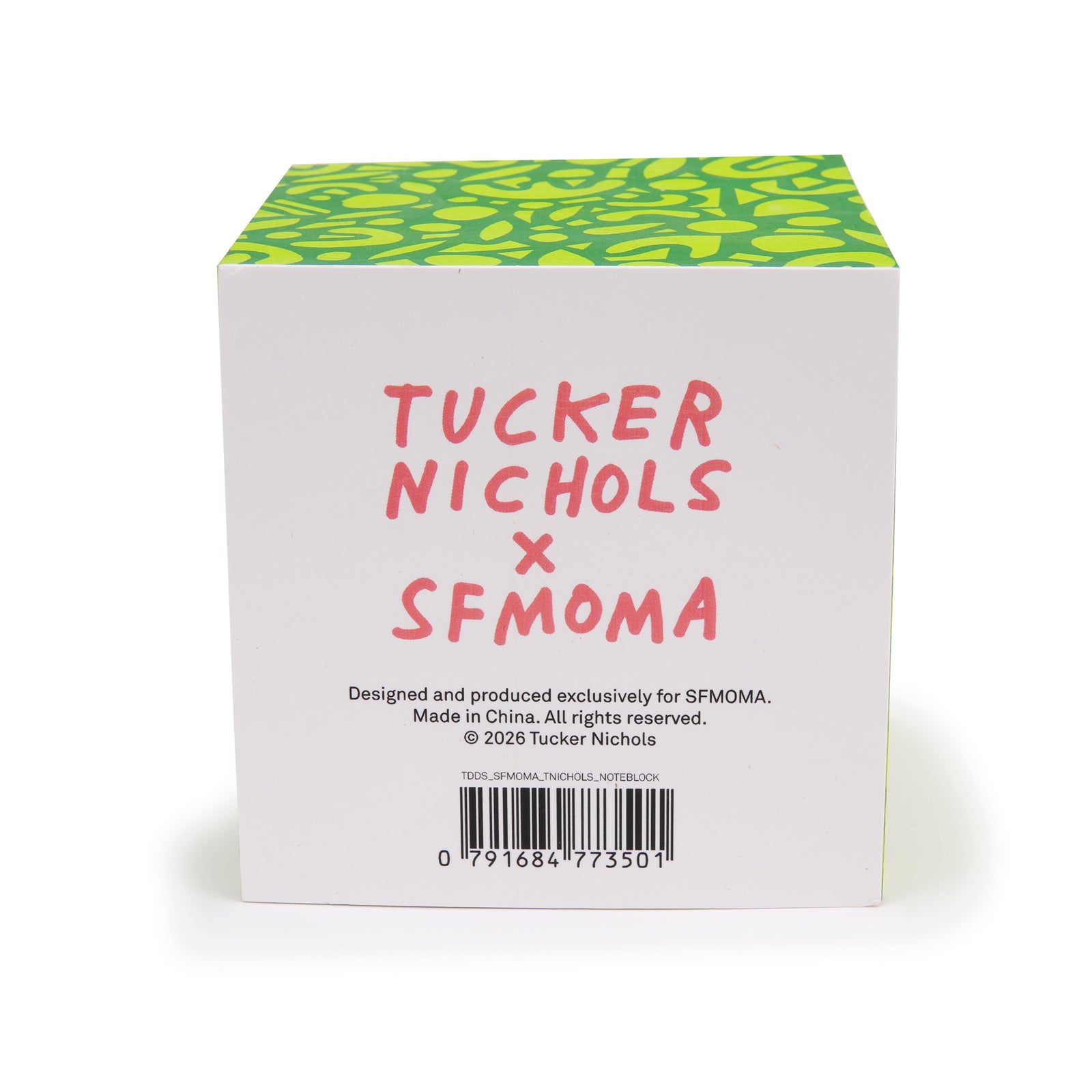A bright lime green sticky note pad with a matching patterned cube cover and a single loose square sticky note in front, shown on a clean white background.