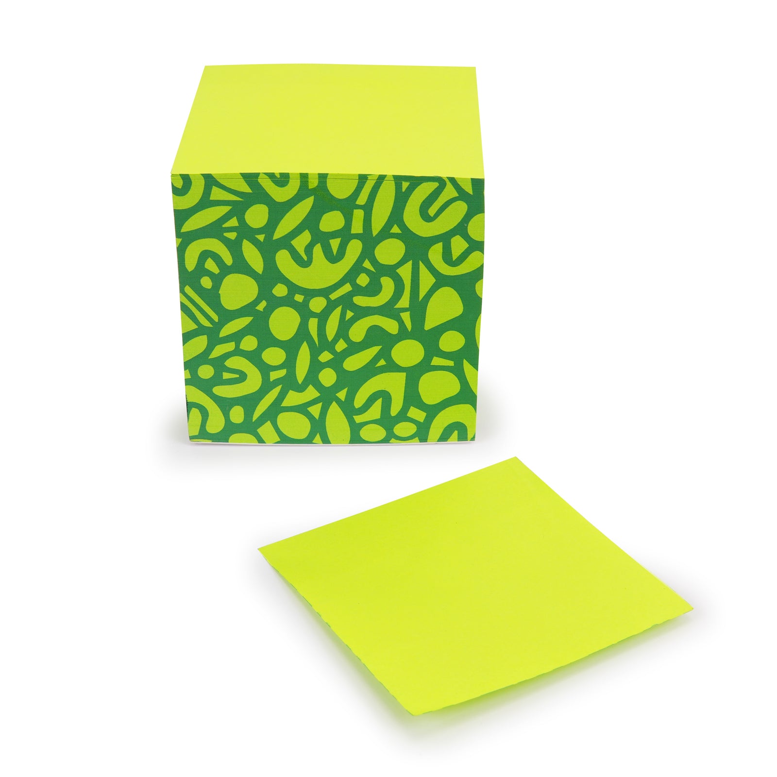 A bright lime green sticky note pad with a matching patterned cube cover and a single loose square sticky note in front, shown on a clean white background.