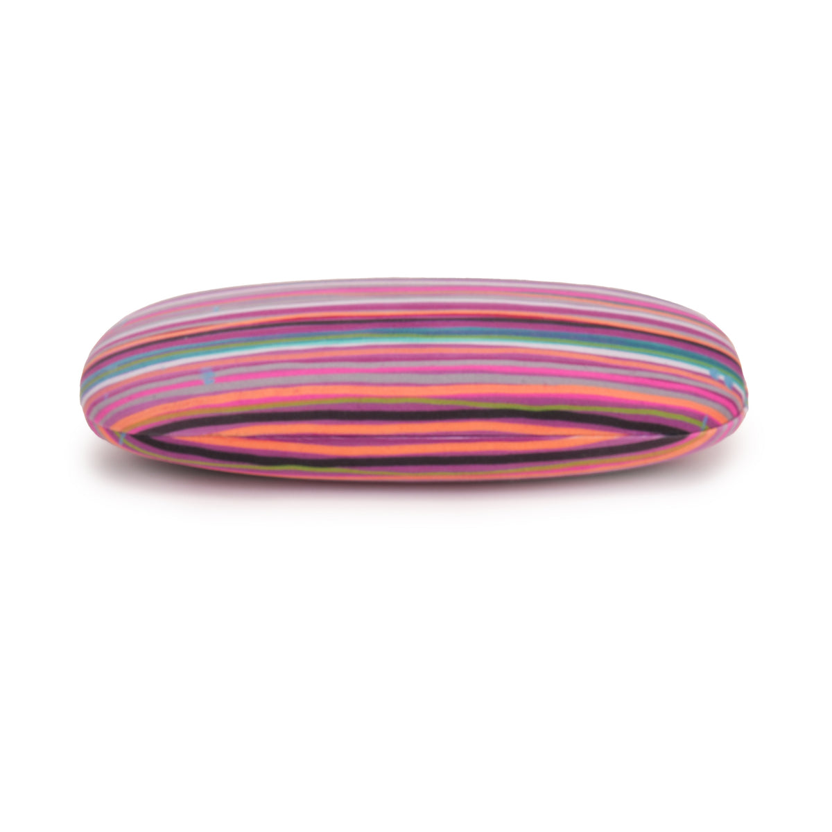 A small oval-shaped case with a vibrant multicolor striped pattern, featuring shades of pink, orange, purple, and blue, set against a plain white background.