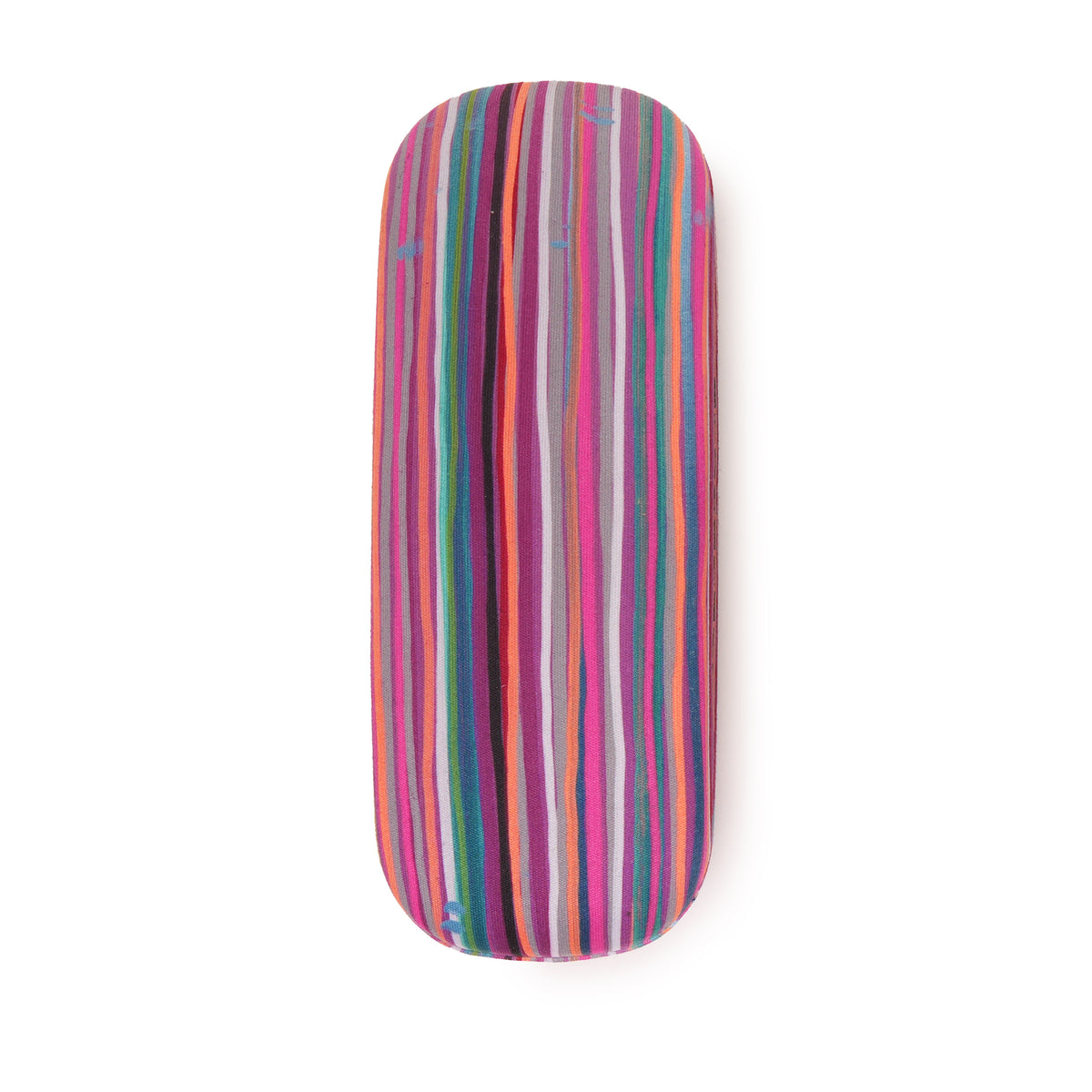 A single eyeglasses case with a vibrant vertical striped pattern in pink, purple, orange, green, and blue, shown on a plain white background.
