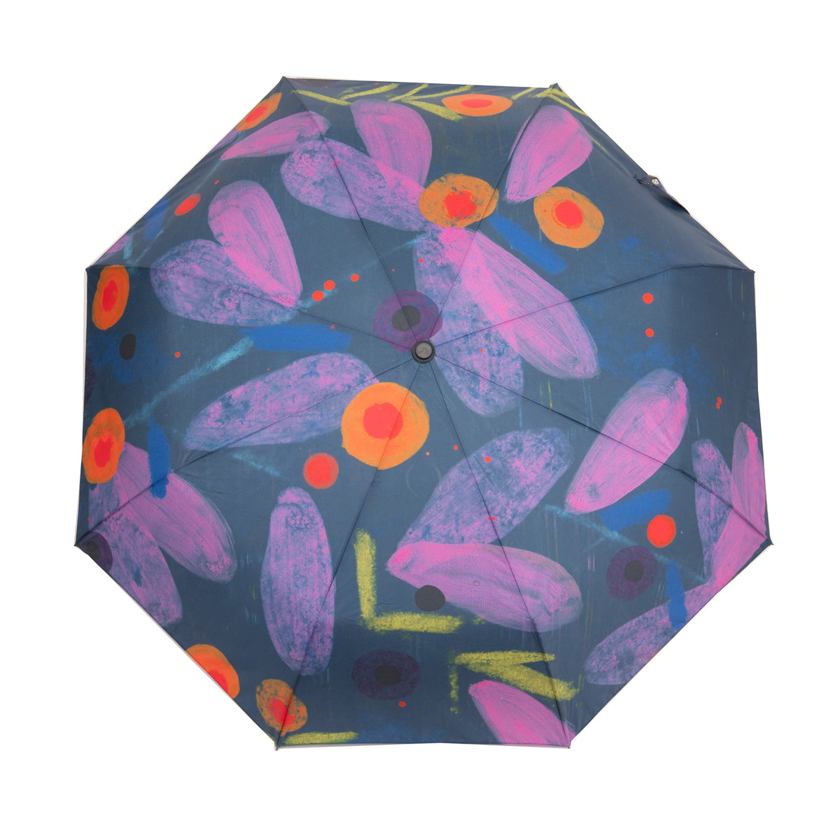 An open umbrella viewed from above, featuring a dark blue-gray background with a colorful abstract floral pattern in purple, pink, orange, and lime green.