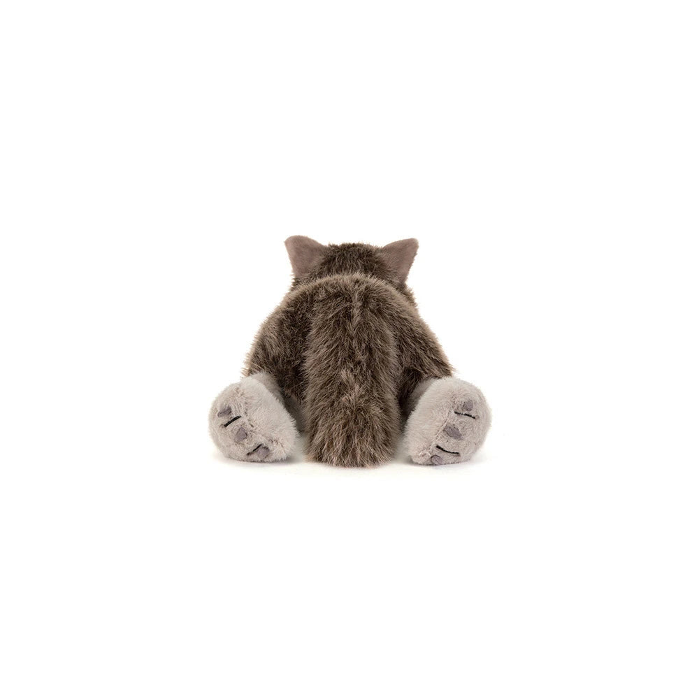 A plush stuffed wolf toy shown from the back, with brown fur and light gray paws, photographed on a clean white background.