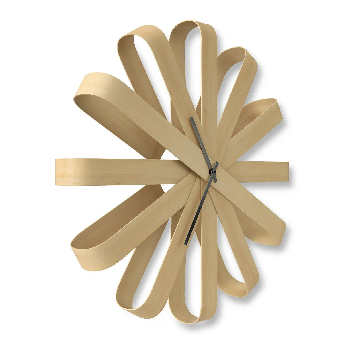 Decorative wall clock with ribbon-like design on a white background
