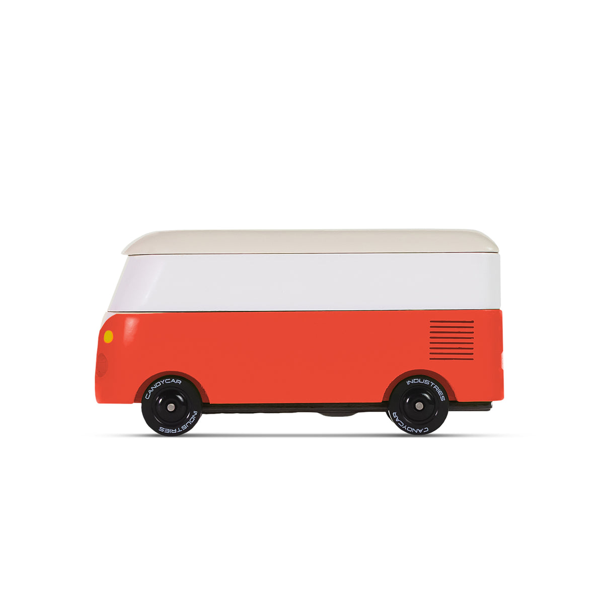 Red and white toy van on a white background