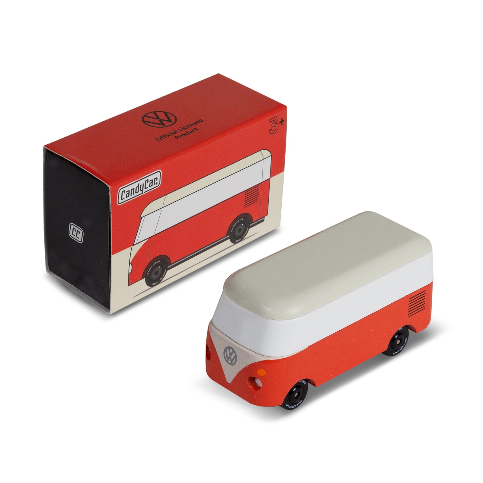 Red and white model of a vintage van on a white background