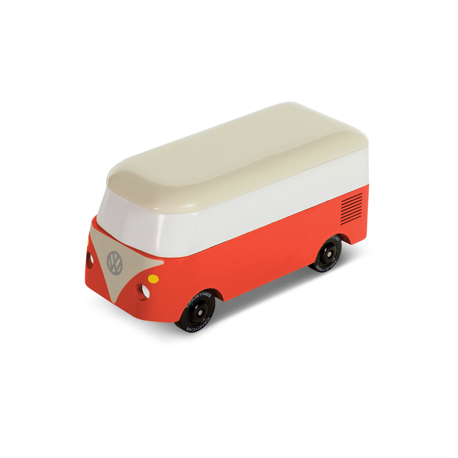 Red and white model of a vintage van on a white background