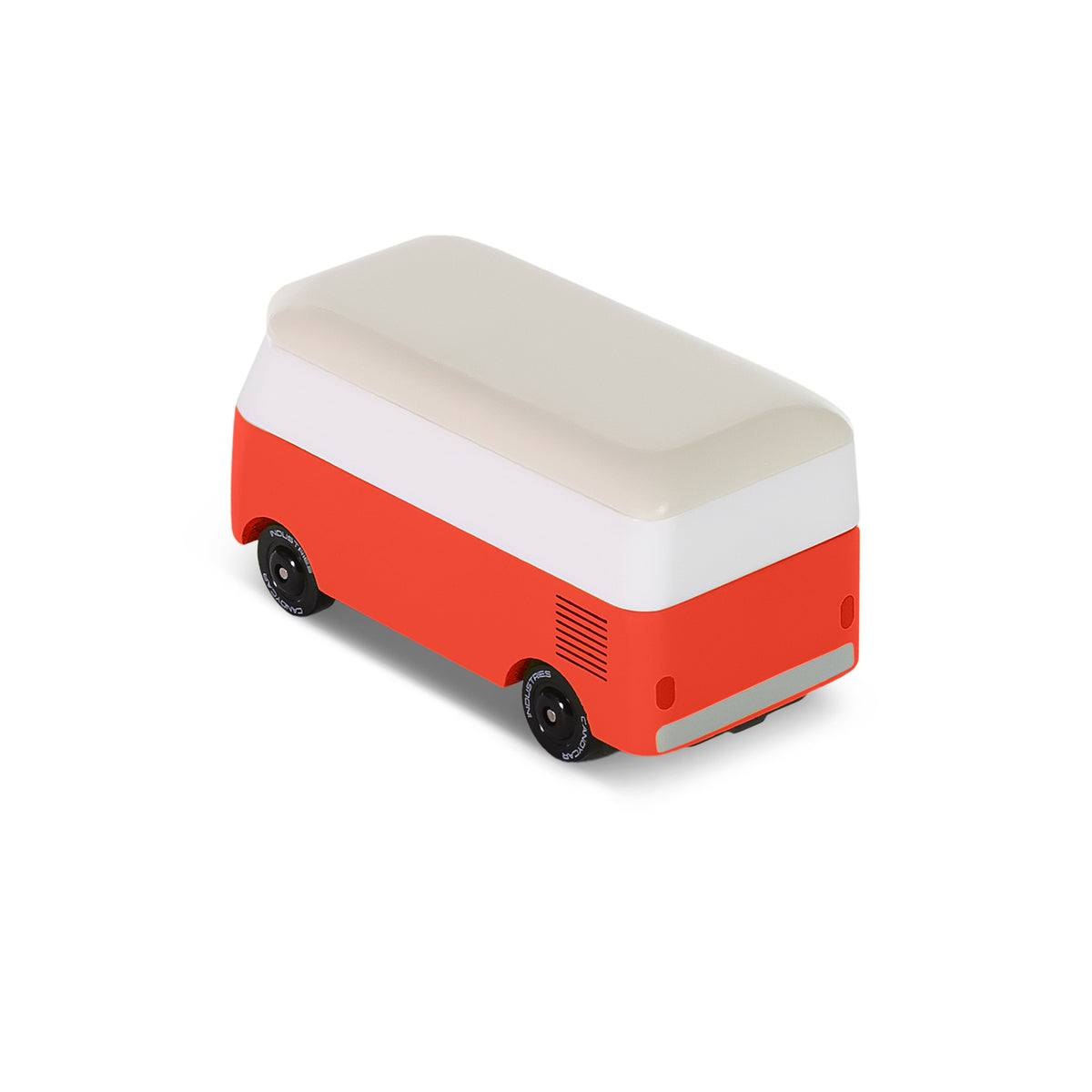 Rear view; red and white van on a white background