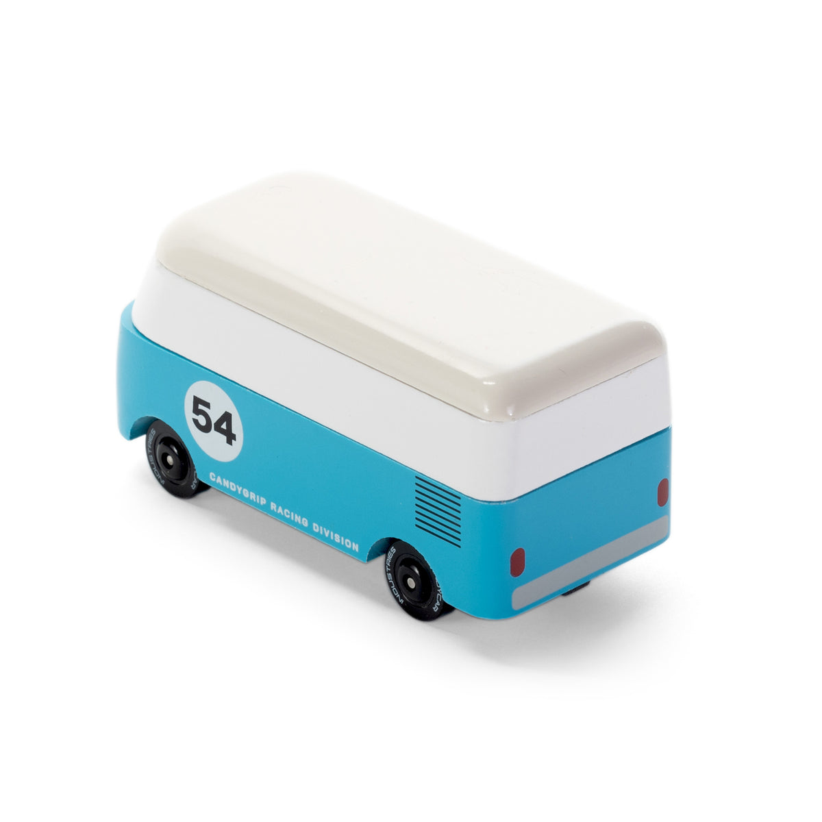 Rear view; small blue and white toy van with number 54 on a white background