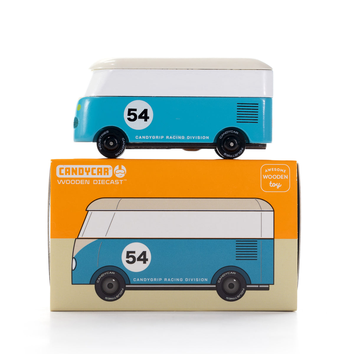 Toy van with number 54 on top of packaging on a white background