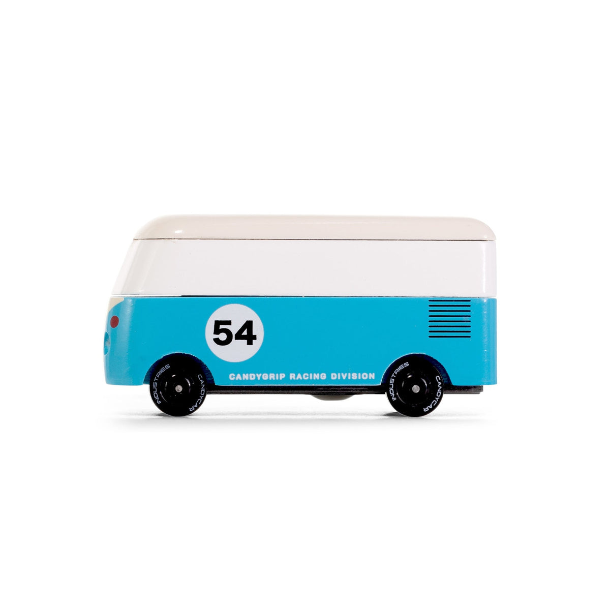 Toy van with blue and white design on a white background