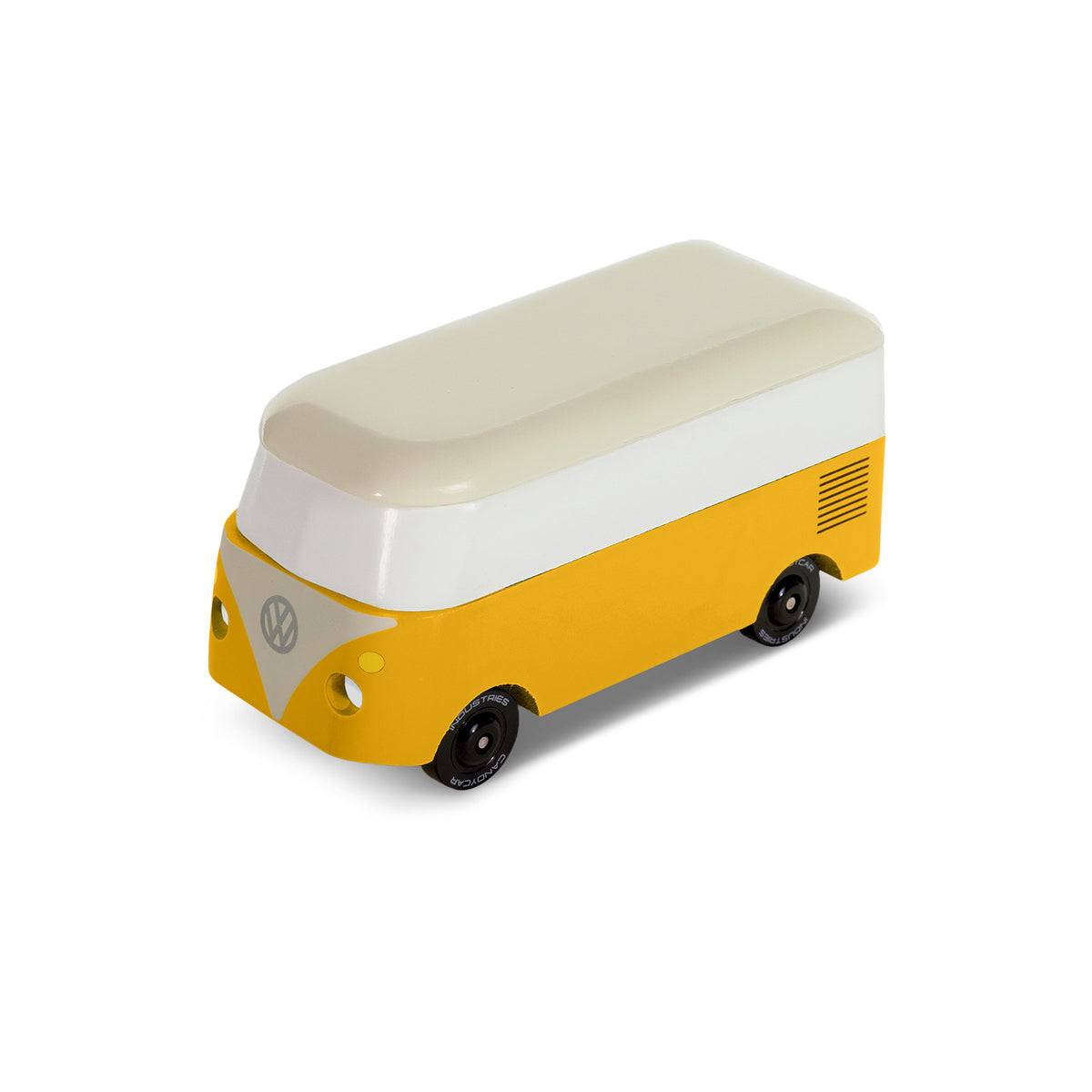 Yellow and white model of a vintage van on a white background