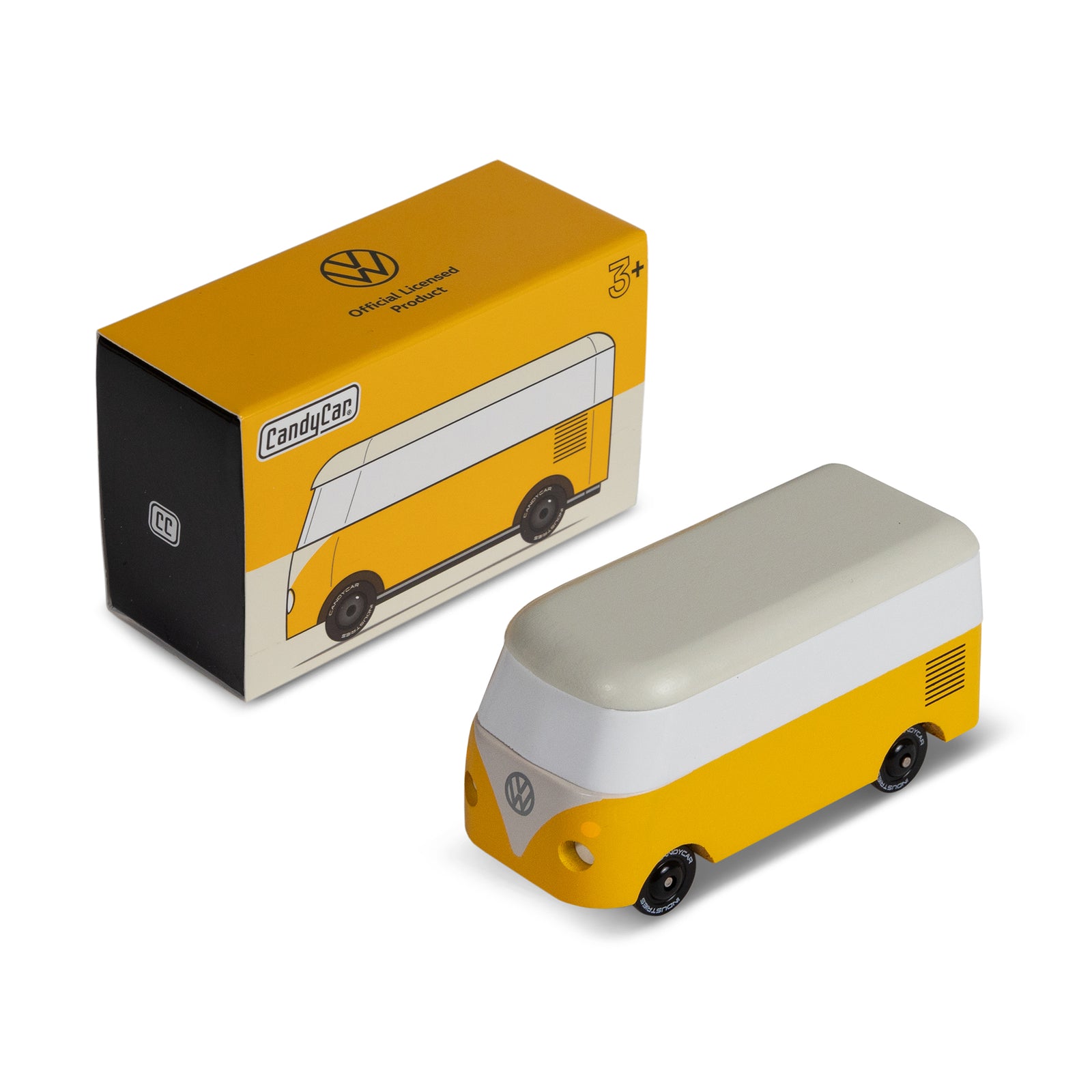 Yellow and white model of a vintage van on a white background