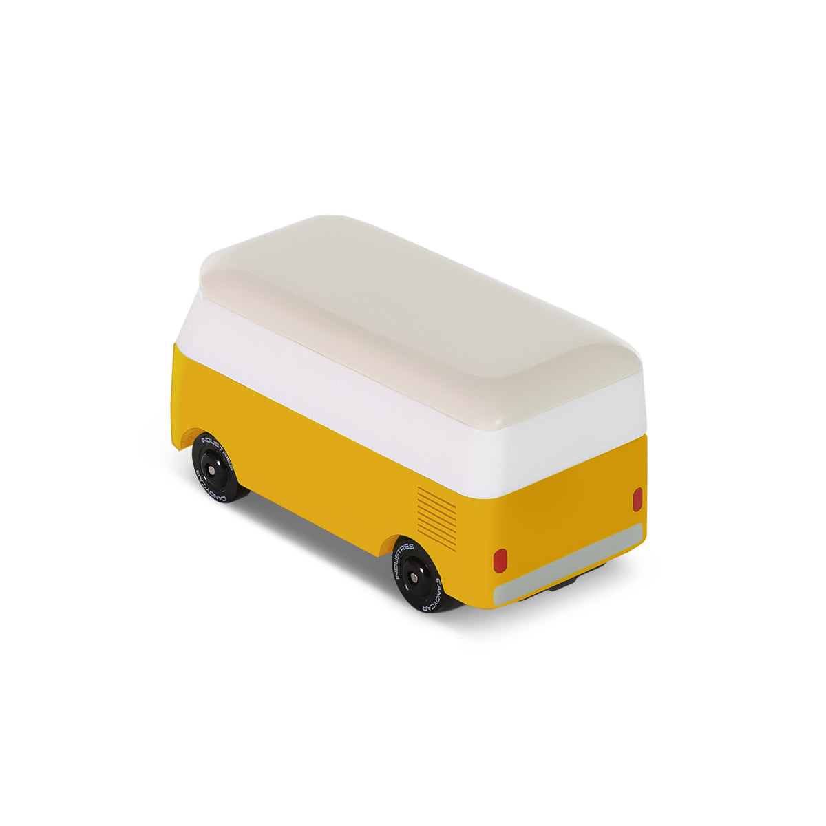 Rear view; yellow and white van on a white background