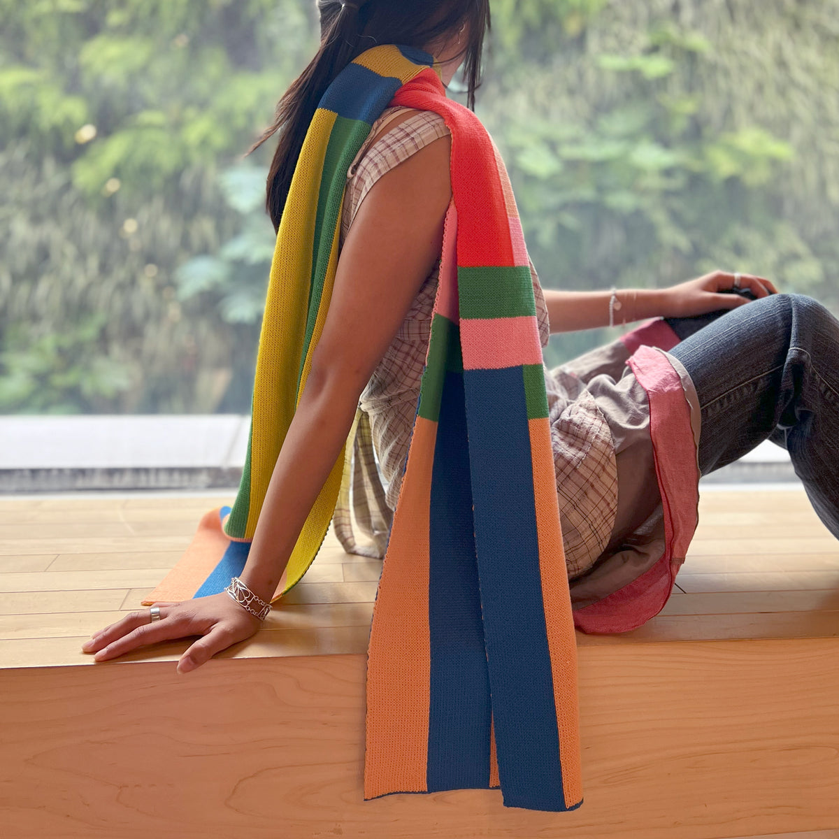 Waterfall Stripe Oversized Scarf: Peach and Cobalt lifestyle shot