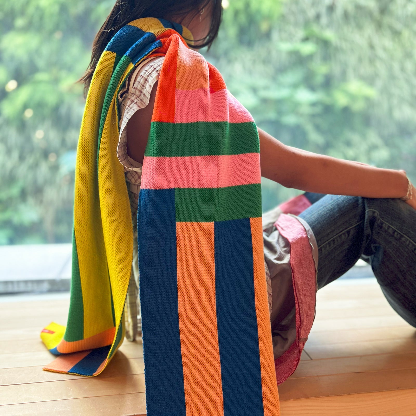 Waterfall Stripe Oversized Scarf: Peach and Cobalt looped like a scarf