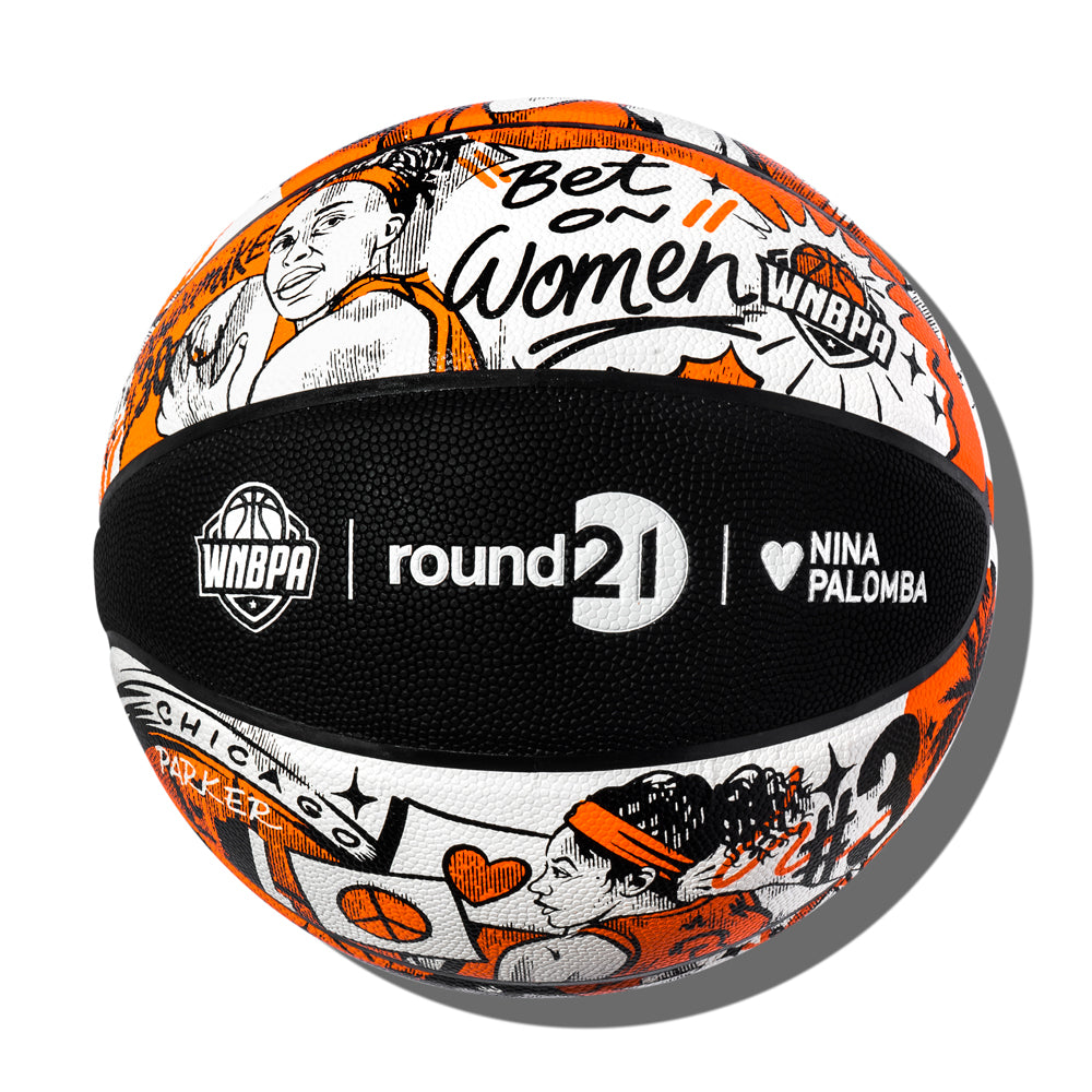 Basketball with WNBPA and round 21 logos.