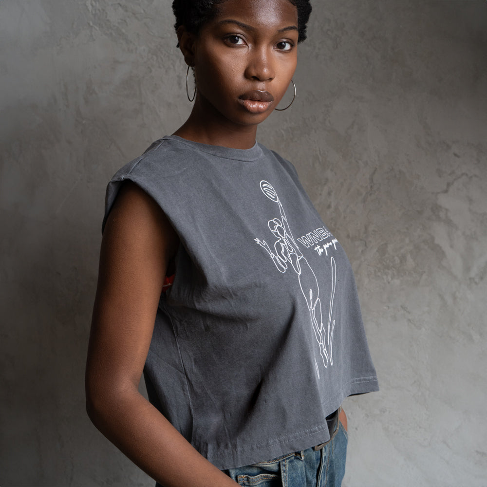 Model wearing tee.