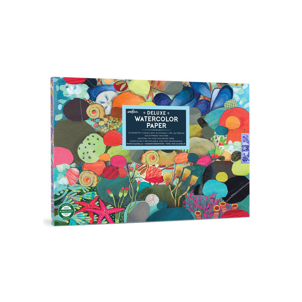 Front view of the Tidepool Deluxe Watercolor Paper packaging, featuring a colorful design with branding and product details.