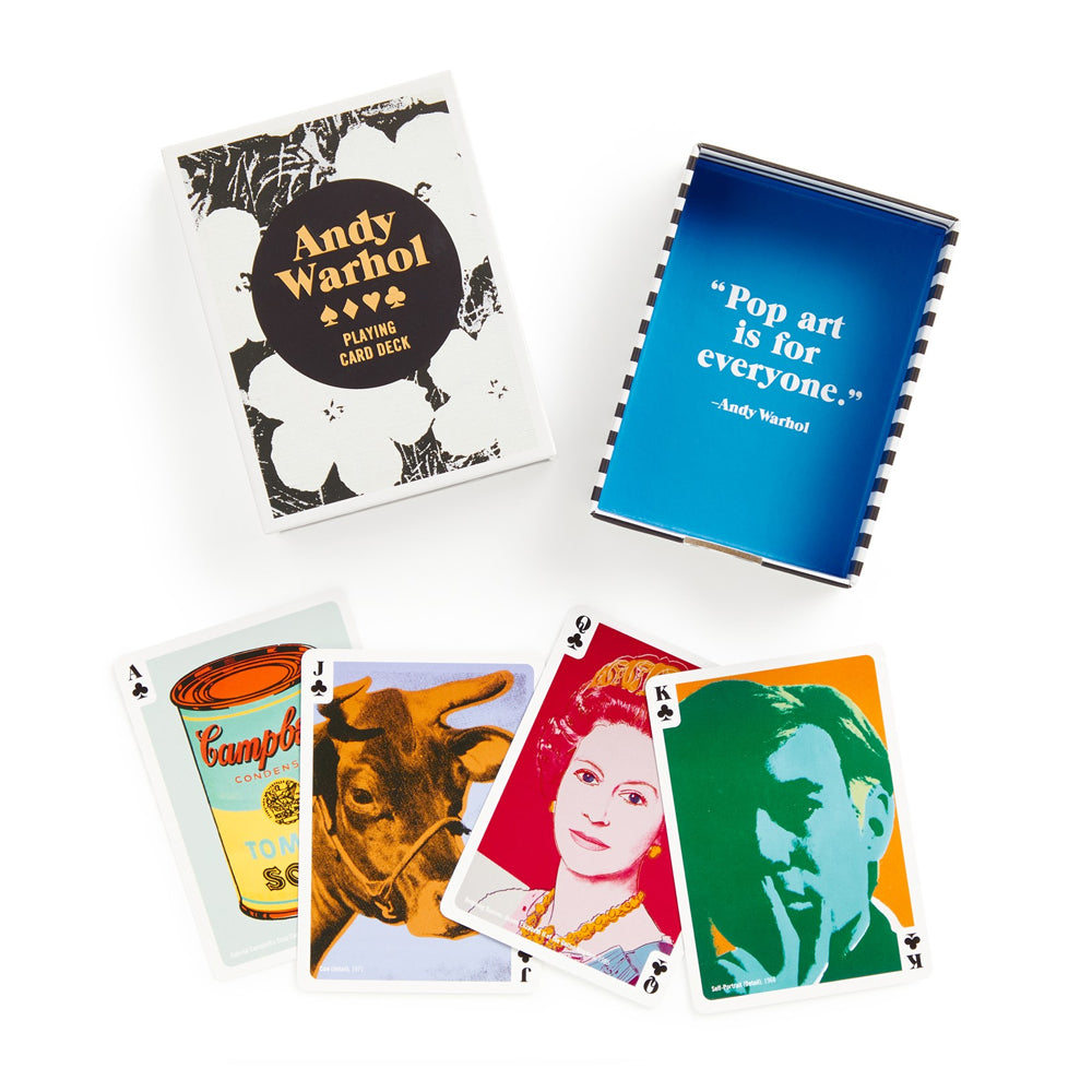 Andy Warhol playing card deck with cards and packaging on a white background