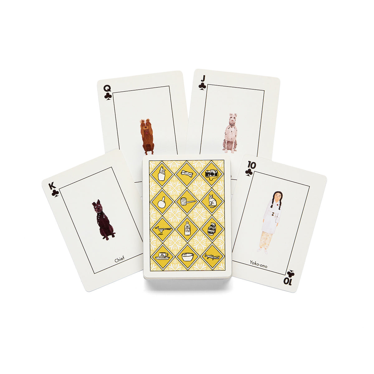 A set of illustrated playing cards arranged on a white background, with one card face-up in the center showing a yellow diamond pattern and five cards fanned out around it, each with a different animal or person illustration.