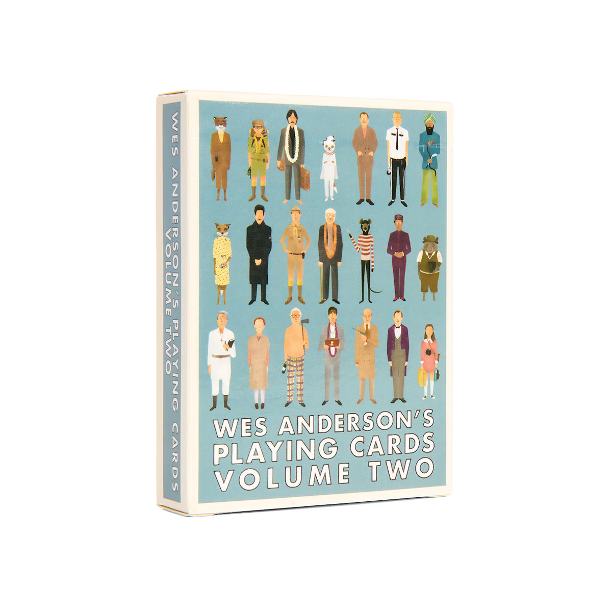 Wes Anderson's Playing Cards Volume Two deck box shown at a three-quarter angle on a plain white background. The front features a light blue background with a grid of illustrated characters in various outfits, and the spine reads 'WES ANDERSON'S PLAYING CARDS VOLUME TWO'.