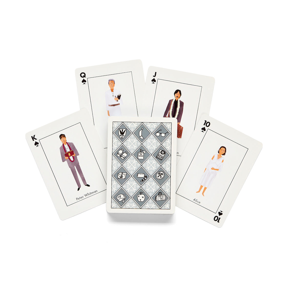A set of illustrated playing cards arranged on a white background, with the center card showing a diamond-pattern back and surrounding cards displaying character portraits.