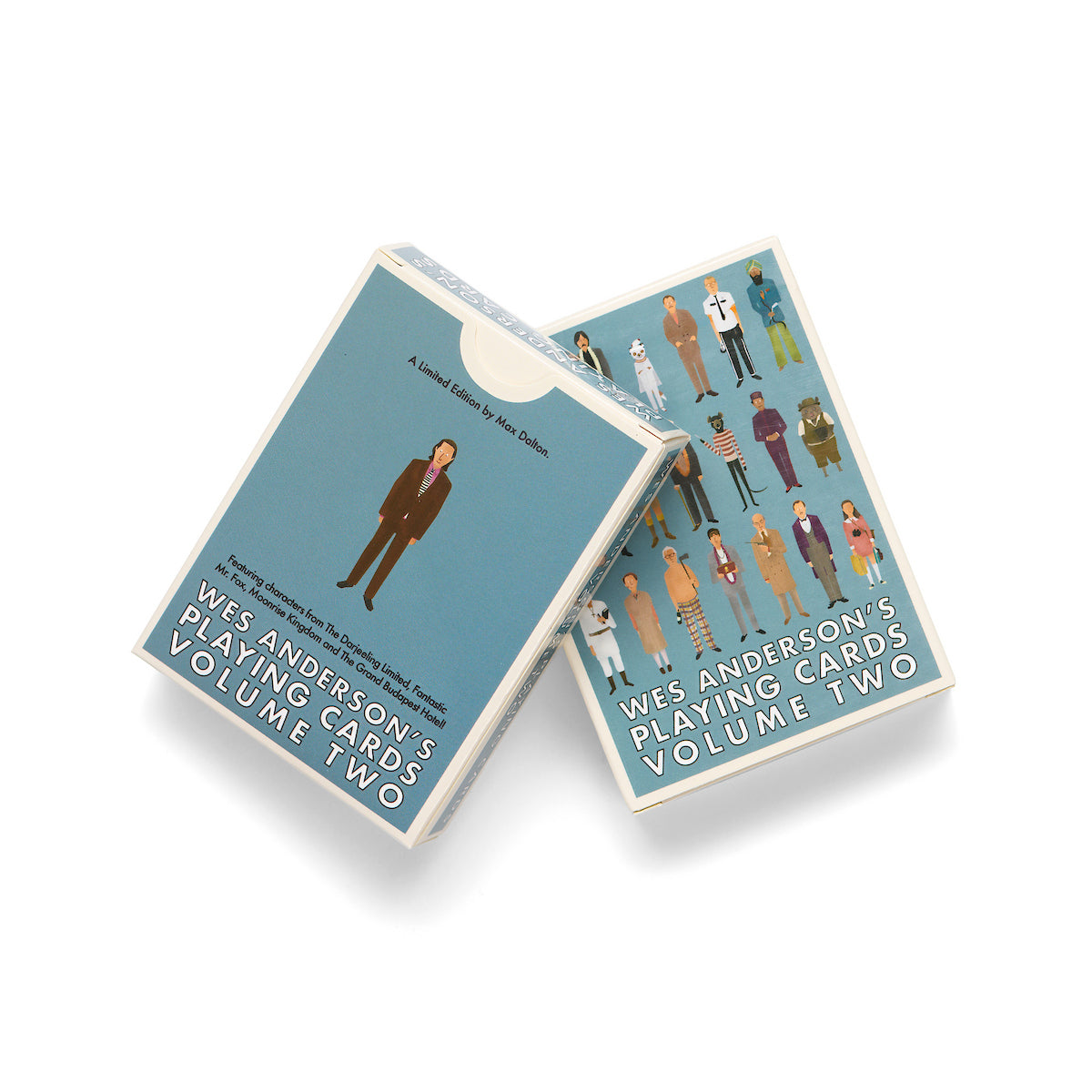 Two boxed card decks titled 'Wes Anderson's Playing Cards Volume Two' shown on a clean white background. The boxes feature a muted blue cover design with illustrated figures and white text.